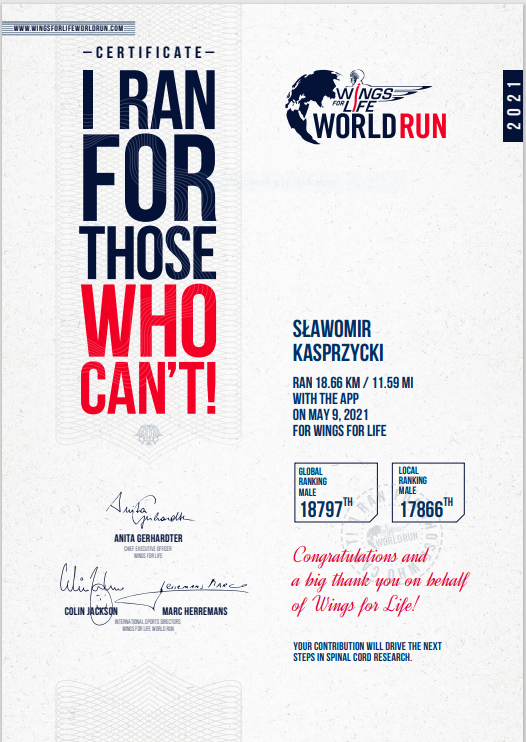 Certyfikat Wings for Life World Run 20201 Sławomir Kasprzycki
18.66 km